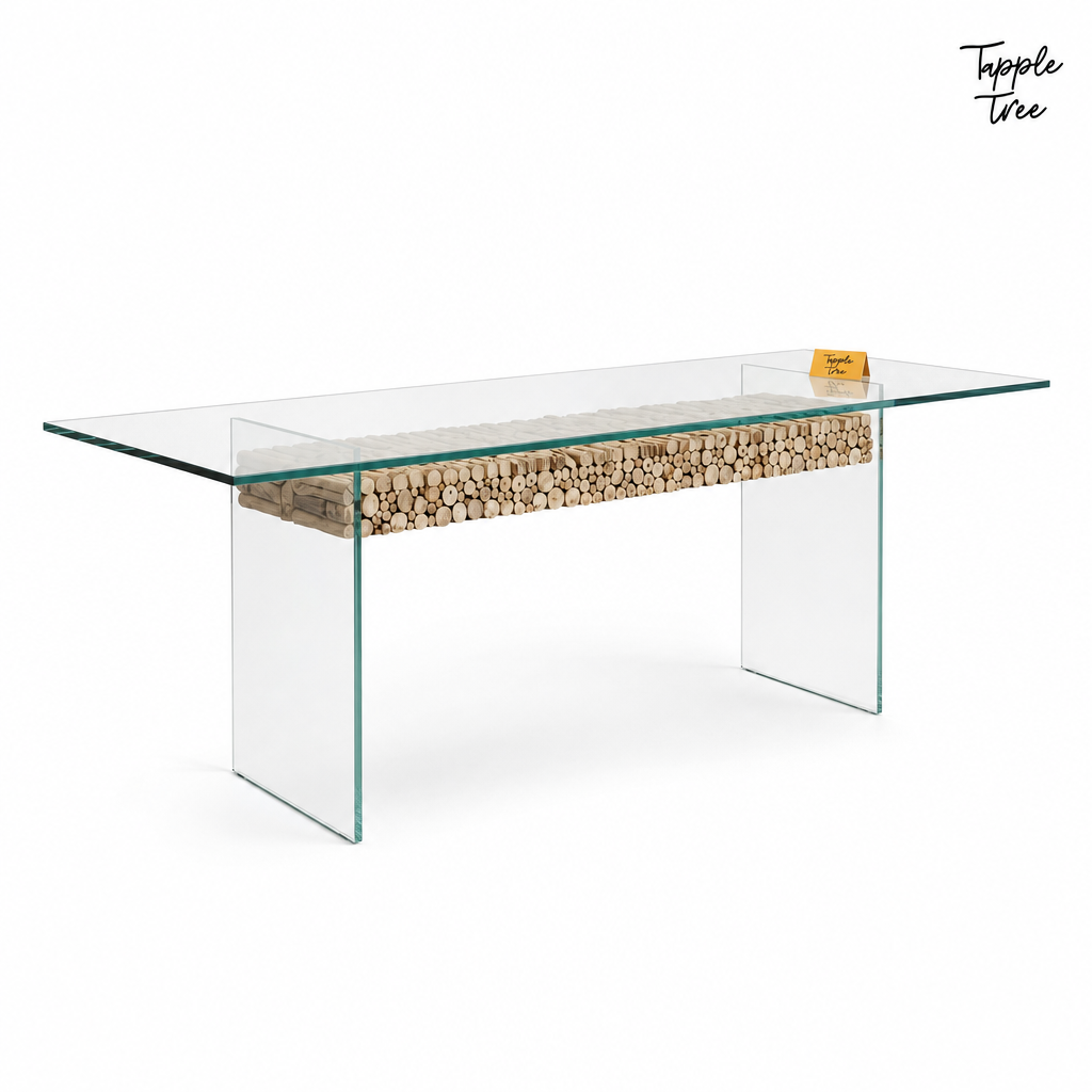 Driftwood Glass Dining Table — white opposite angle