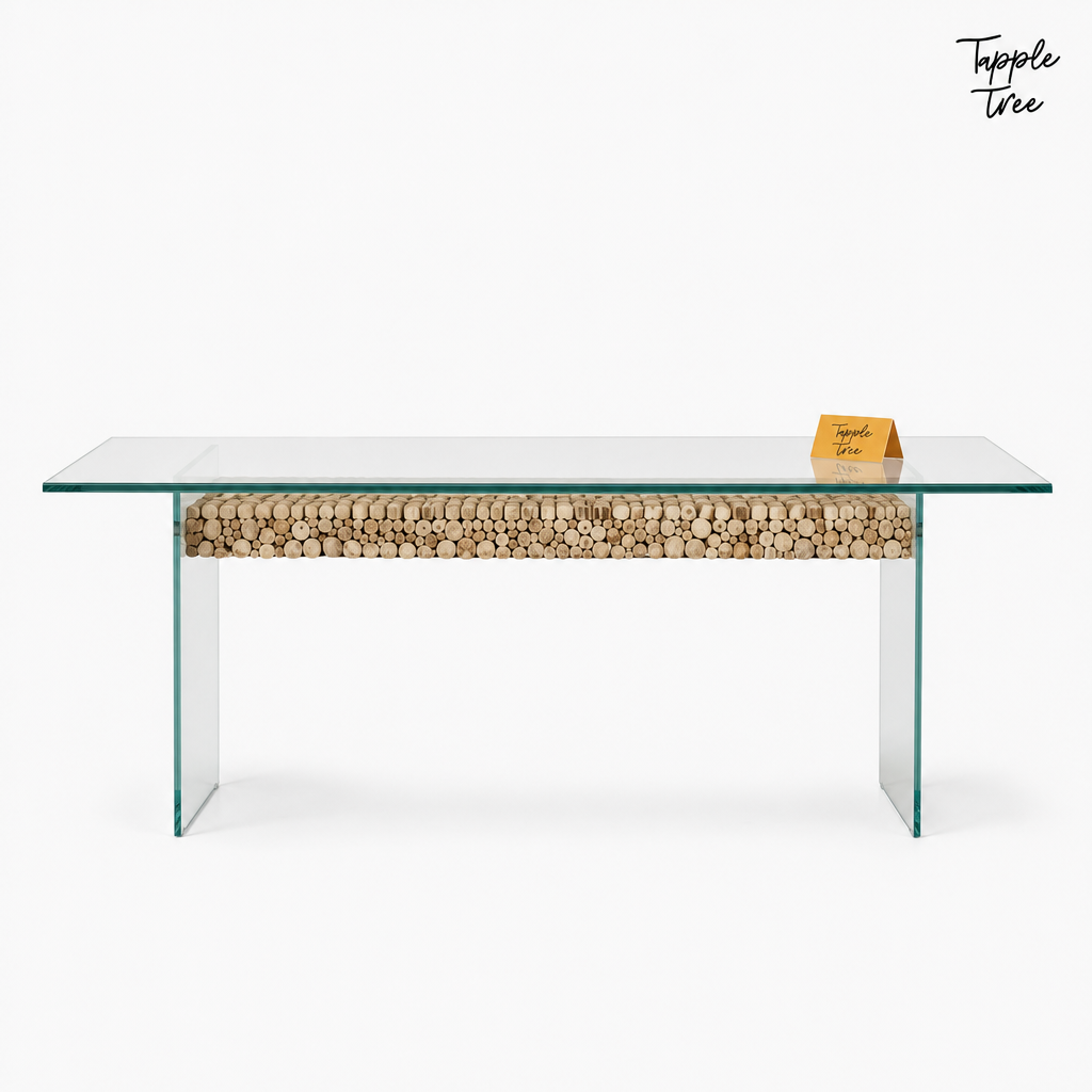 Driftwood Glass Dining Table — white side profile
