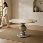 Oak Baluster Round Dining Table — lifestyle walking woman