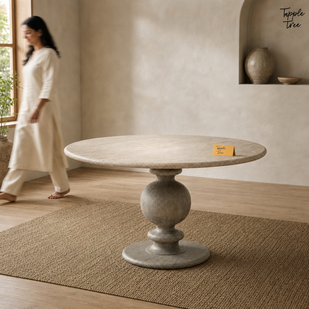 Oak Baluster Round Dining Table — lifestyle walking woman