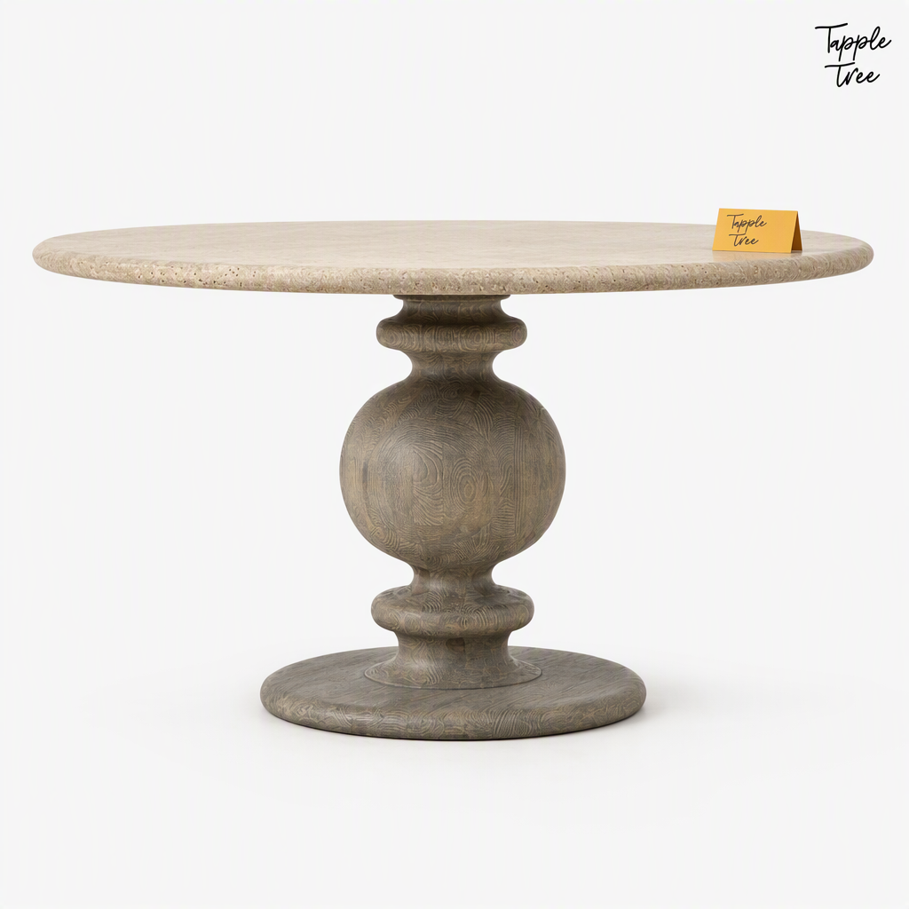 Oak Baluster Round Dining Table — white side profile
