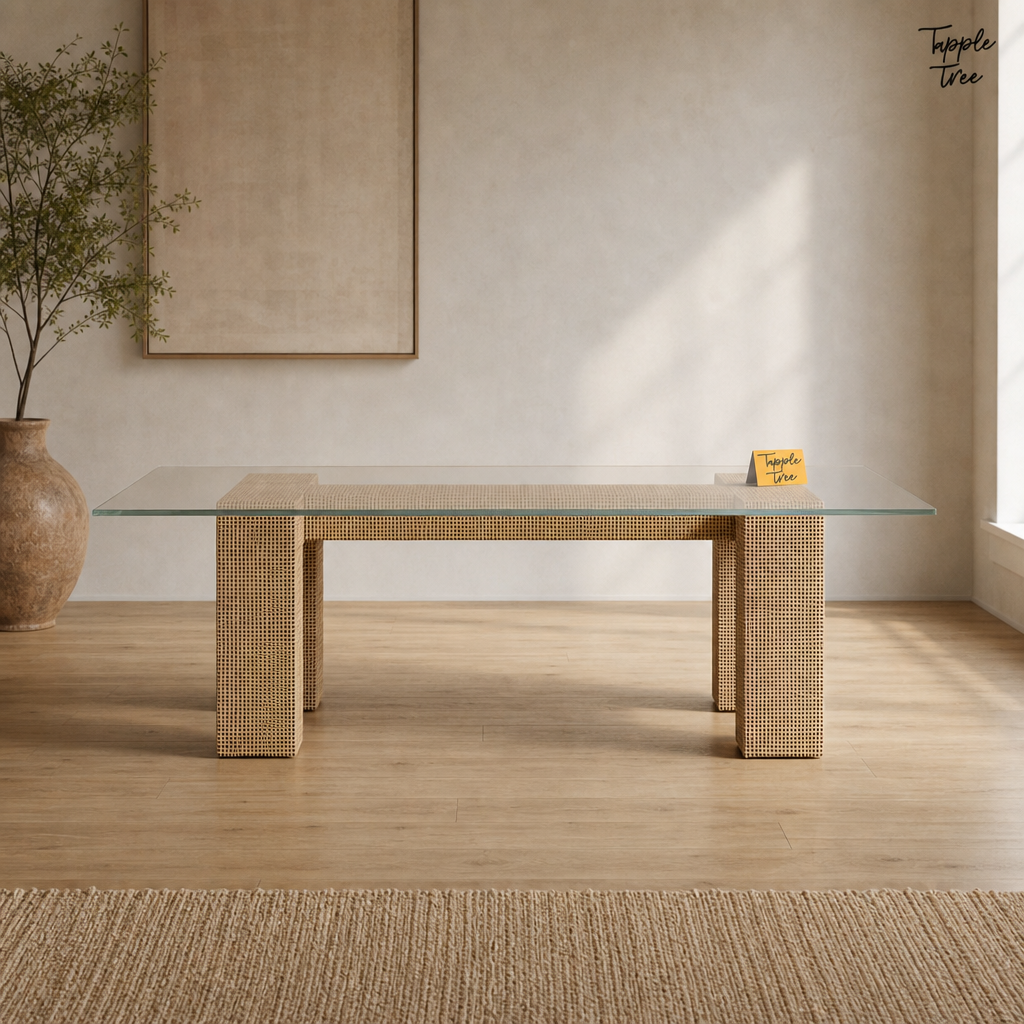 Woven Glass Dining Table — lifestyle front
