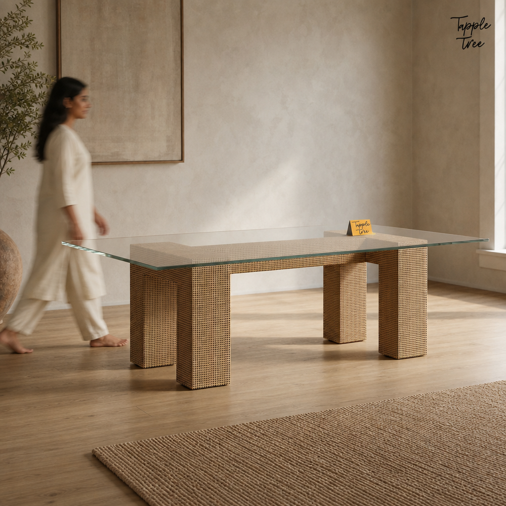 Woven Glass Dining Table — lifestyle walking woman