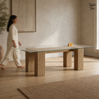 Woven Glass Dining Table — lifestyle walking woman