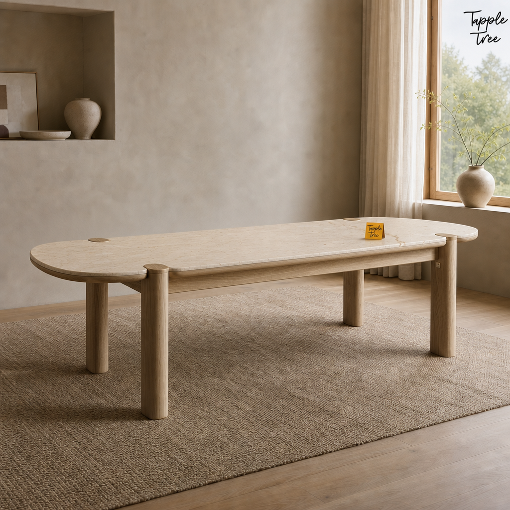 Beige Marble Ash Dining Table — lifestyle opposite angle