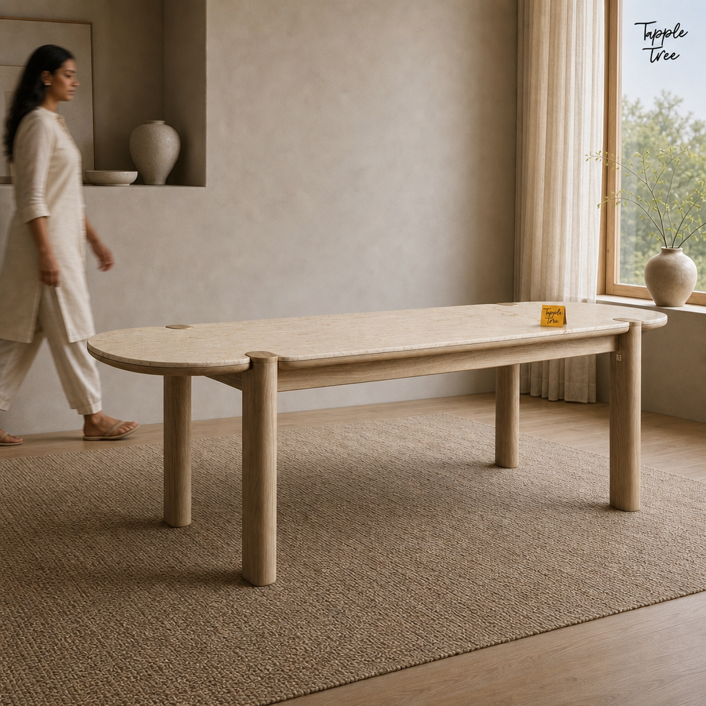 Beige Marble Ash Dining Table — lifestyle walking woman