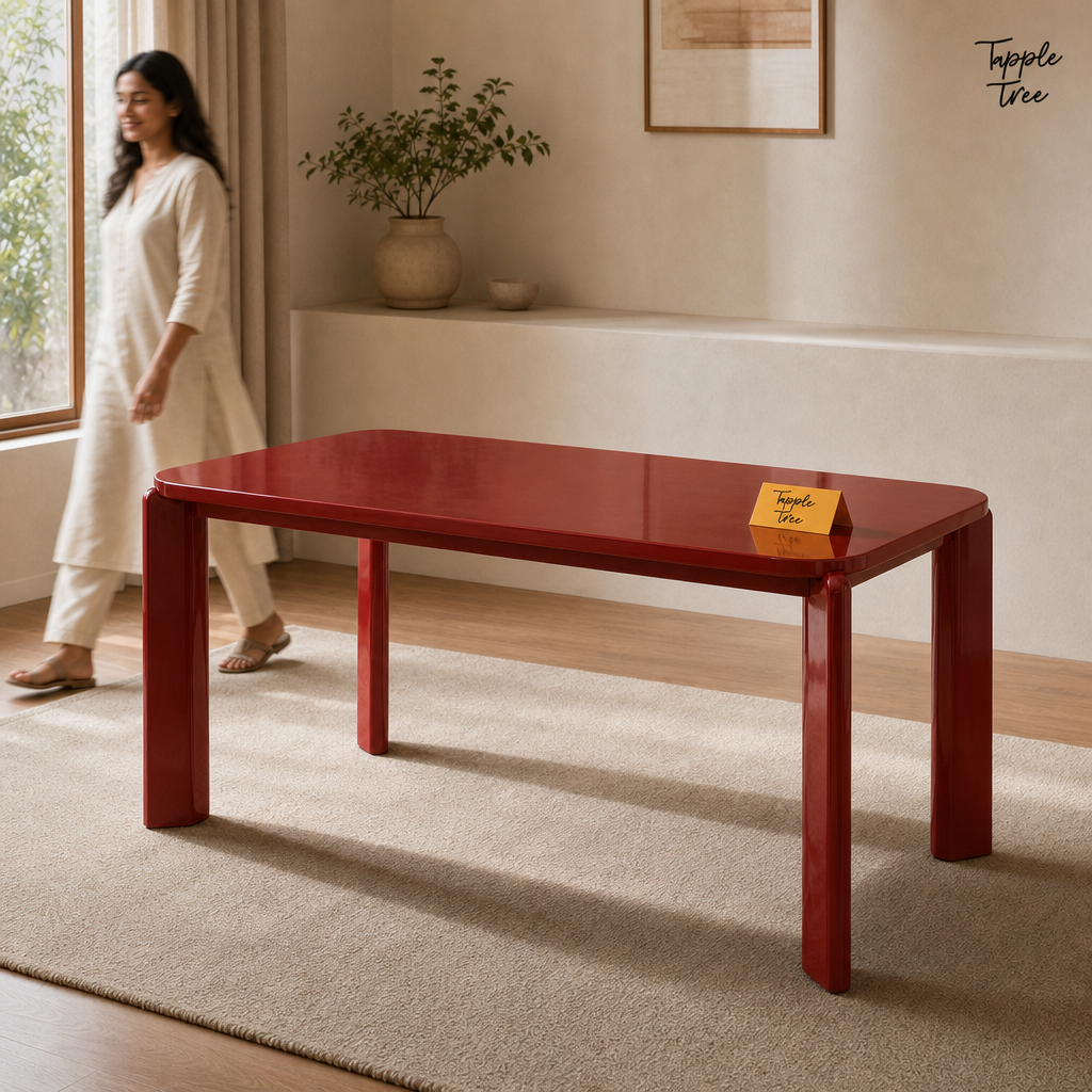 Wine Red Angled Dining Table — lifestyle walking woman