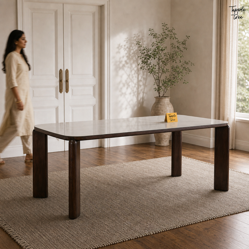 Nilea Glass and Ash Dining Table — lifestyle walking woman