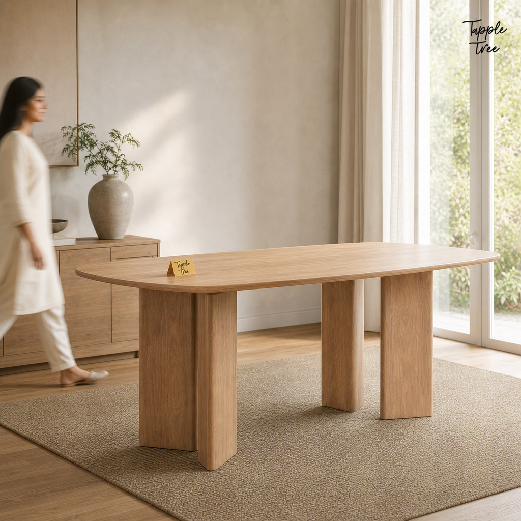 Sidney Mango Dining Table — lifestyle walking woman