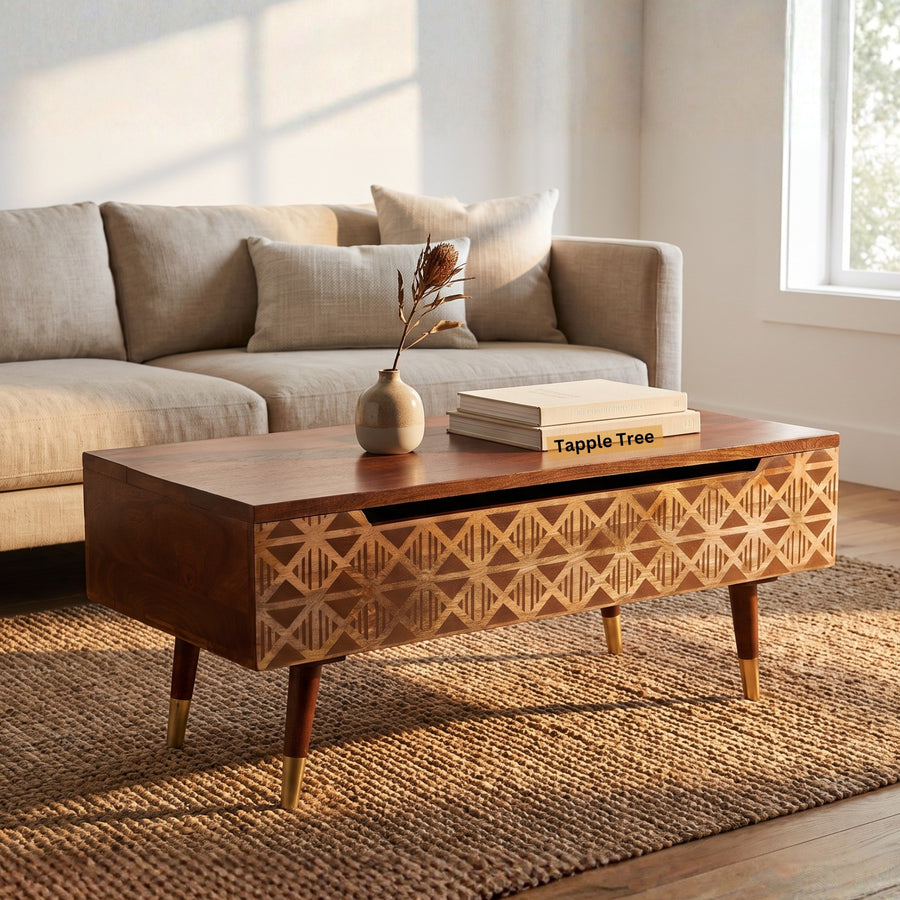 Lisbon lift-top coffee table with screen print — in a living room