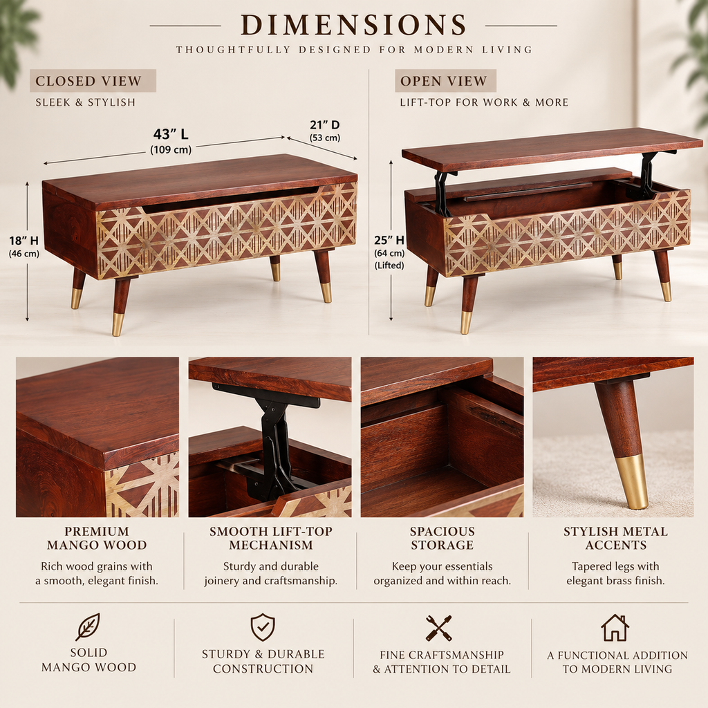 Lisbon lift-top coffee table with screen print — dimensions