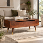 Tokyo lift-top coffee table in teak finish — in a living room