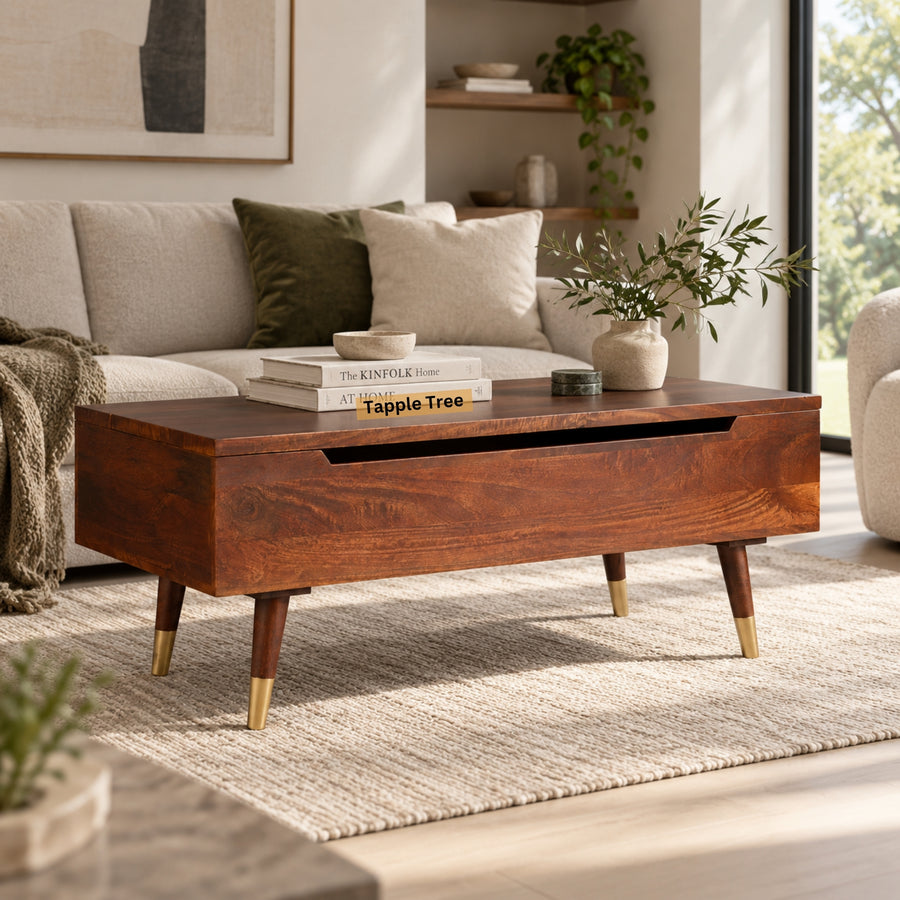 Tokyo lift-top coffee table in teak finish — in a living room
