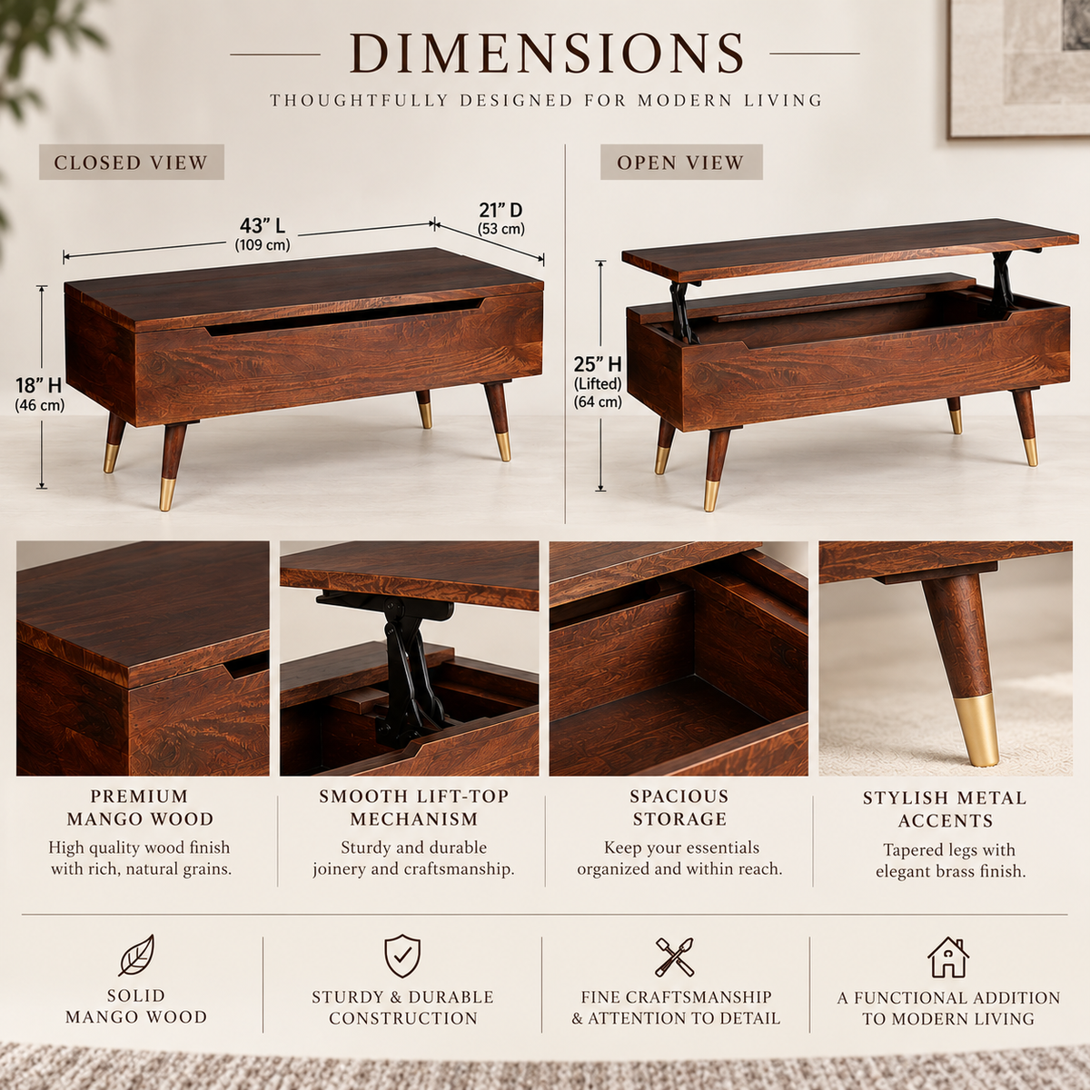 Tokyo lift-top coffee table in teak finish — dimensions