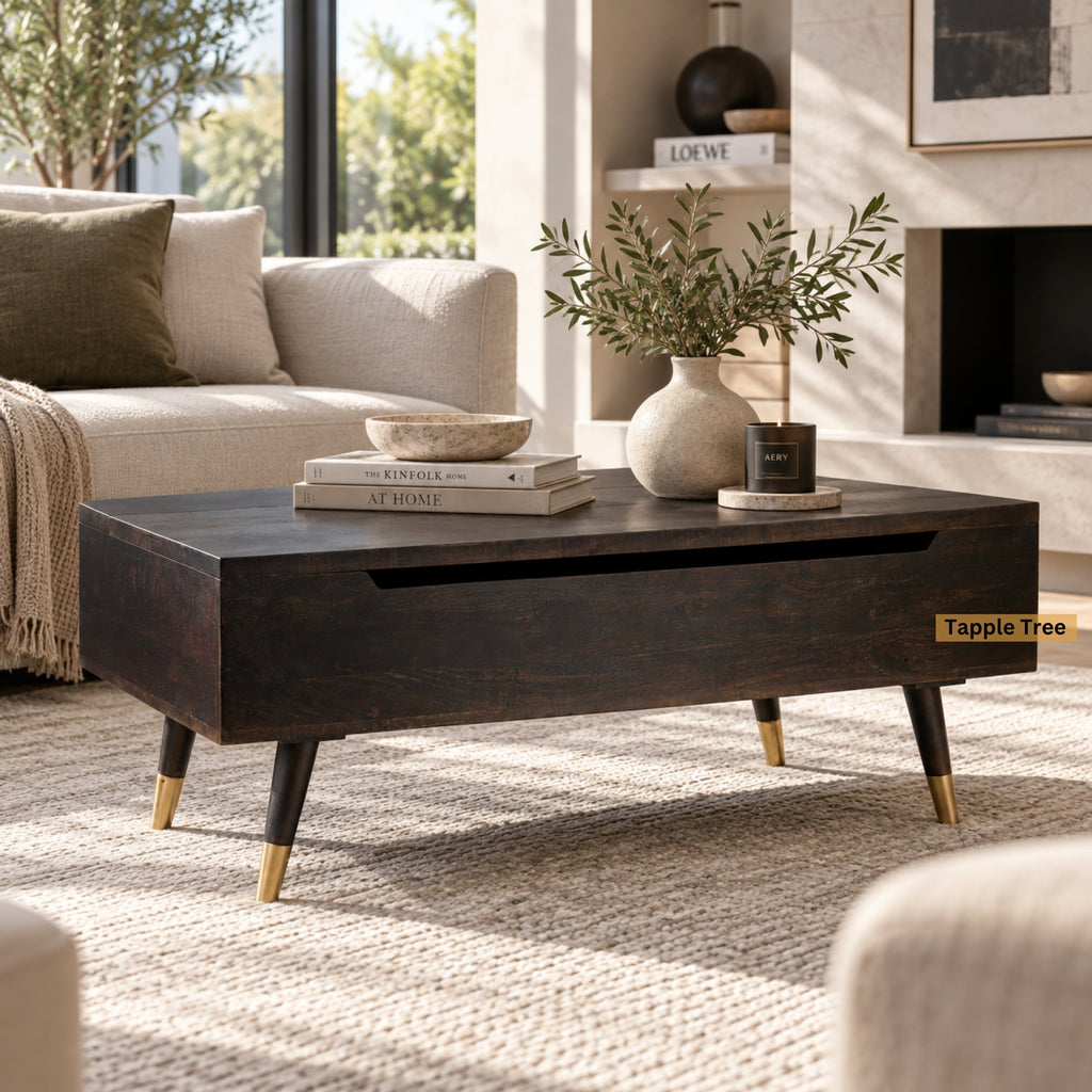 Tokyo lift-top coffee table in walnut finish — in a living room