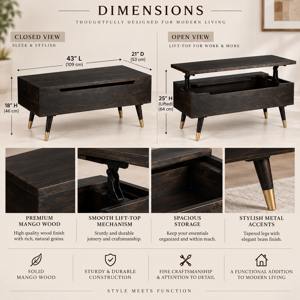 Tokyo lift-top coffee table in walnut finish — dimensions