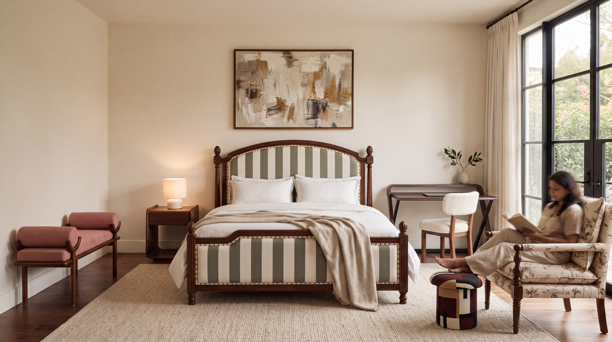 Calm bedroom with Arden Shore king bed and selected Tapple Tree bedroom furniture