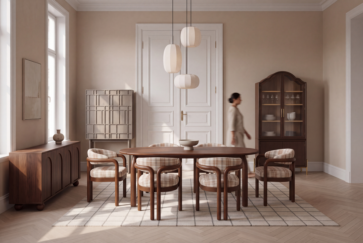 Warm dining room with the Plaid Curve dining set and selected Tapple Tree cabinets