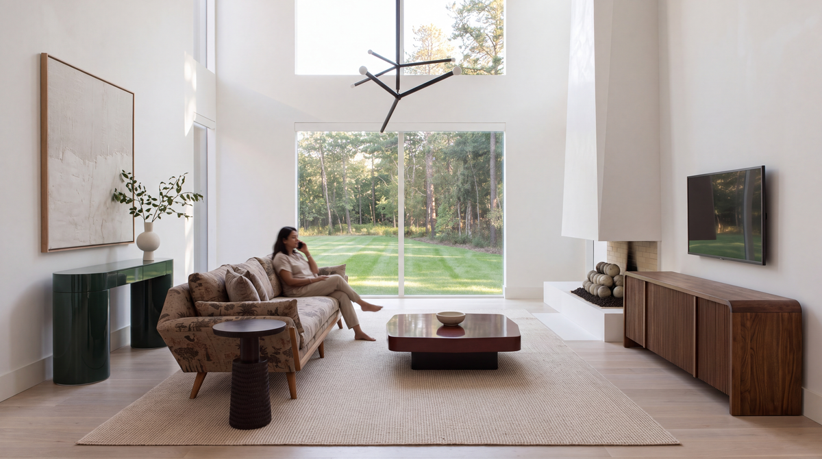 Airy living room with Hawthorn Hill sofa, Caspian tables and Kestrel Haven TV unit
