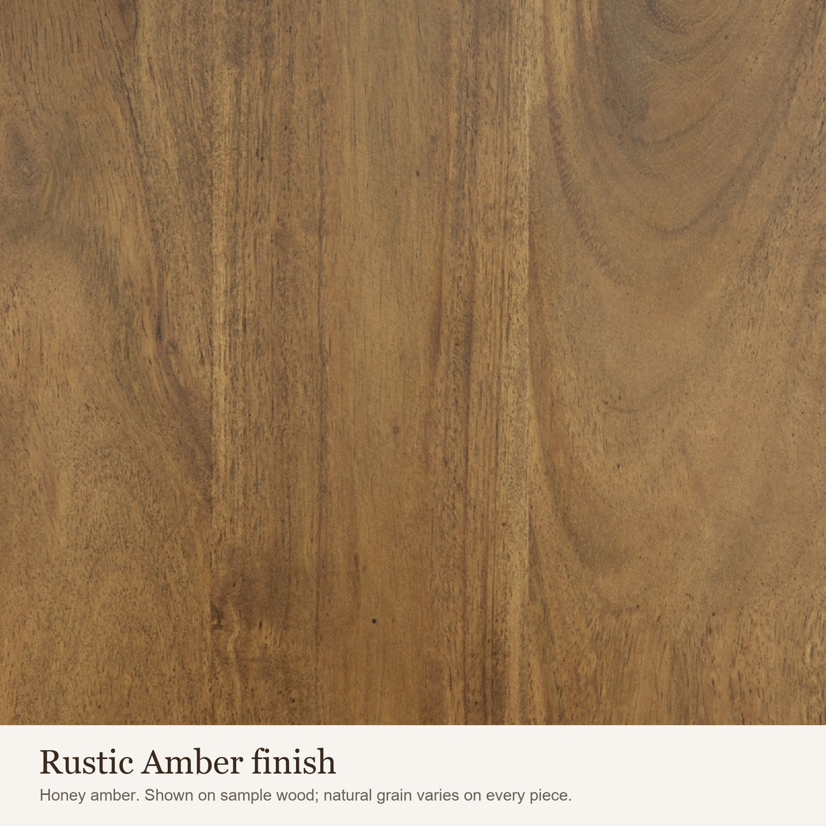 Rustic Amber finish swatch: close-up of the honey amber wood colour and grain