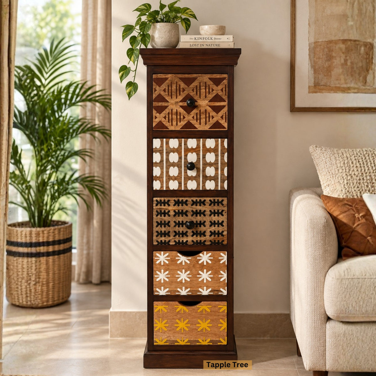 Gabon slim chest in teak finish — in a living room