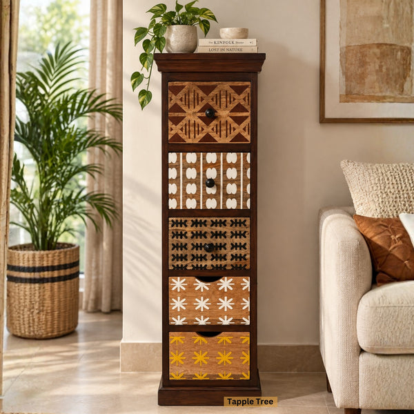 Gabon slim chest in teak finish — in a living room