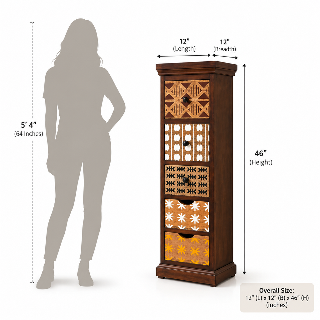 Gabon slim chest in teak finish — dimensions