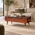 Berlin full lift-top coffee table in teak finish — in a living room