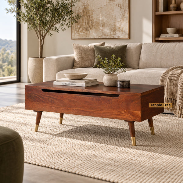 Berlin full lift-top coffee table in teak finish — in a living room
