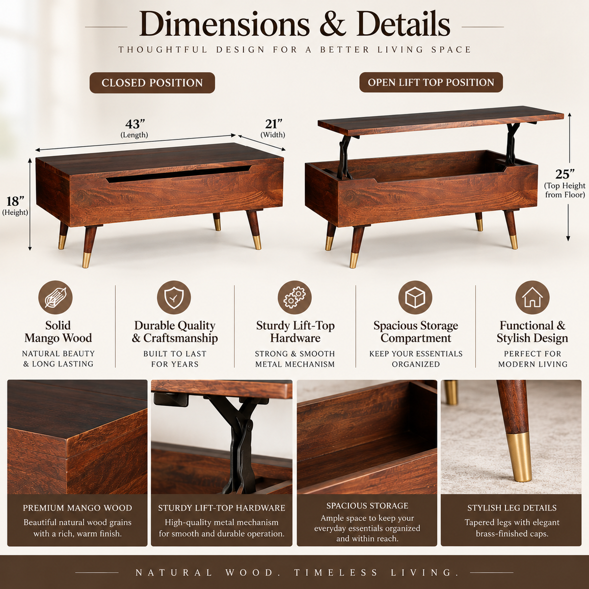Berlin full lift-top coffee table in teak finish — dimensions