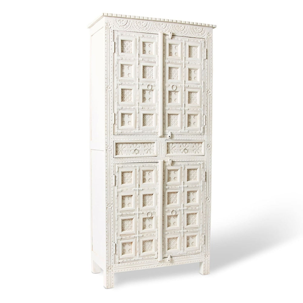 Haveli White Carved Wardrobe — RVS-7 ANGLED