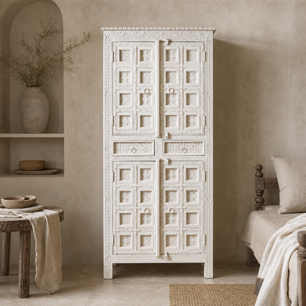 Haveli White Carved Wardrobe — lifestyle setting