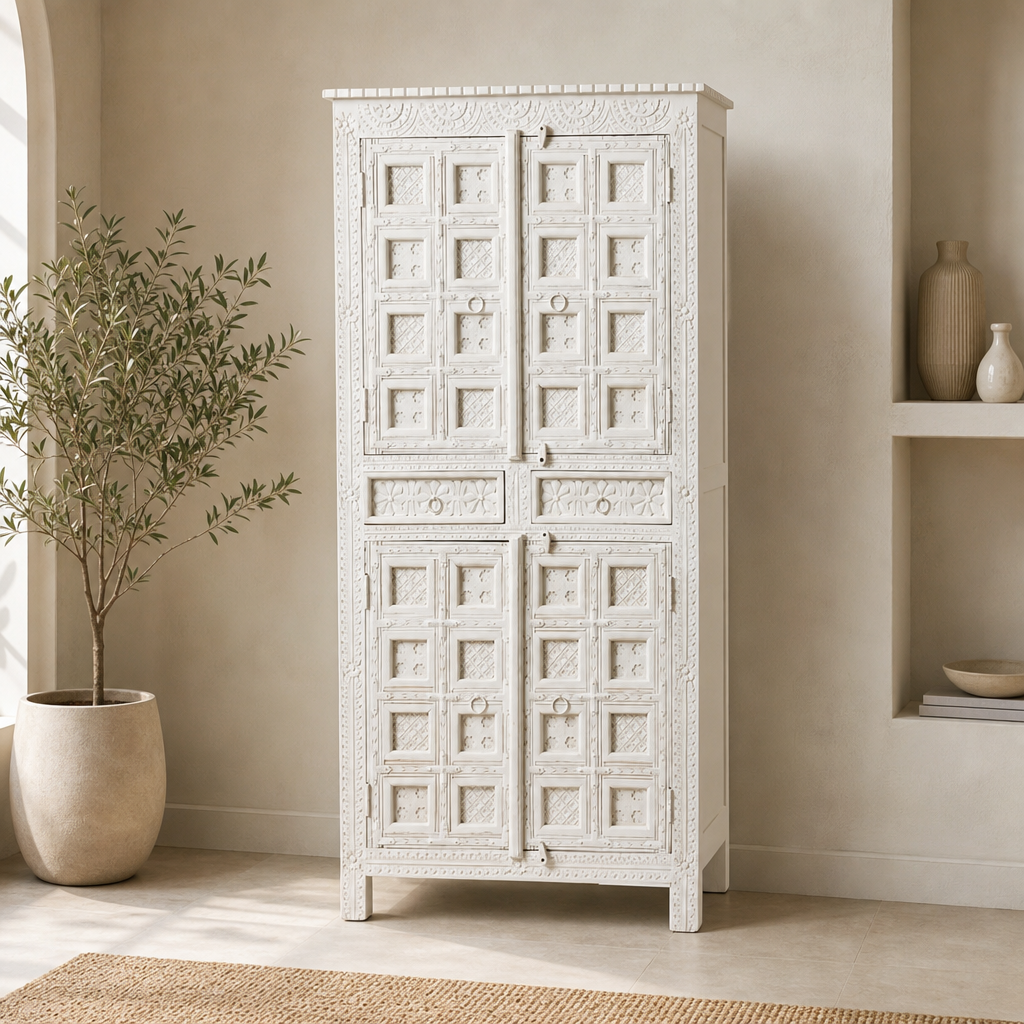 Haveli White Carved Wardrobe — lifestyle setting