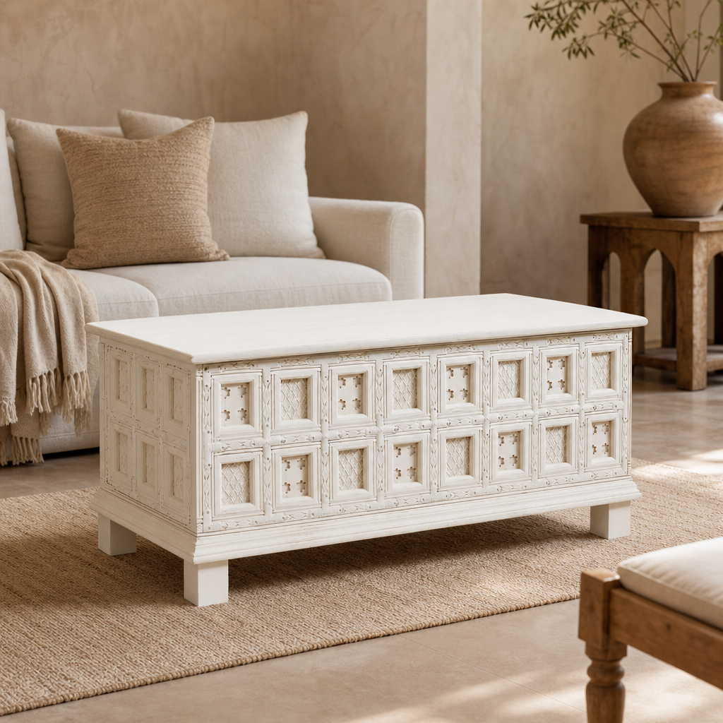 Haveli White Carved Trunk Coffee Table — lifestyle setting