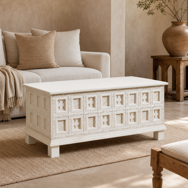 Haveli White Carved Trunk Coffee Table — lifestyle setting