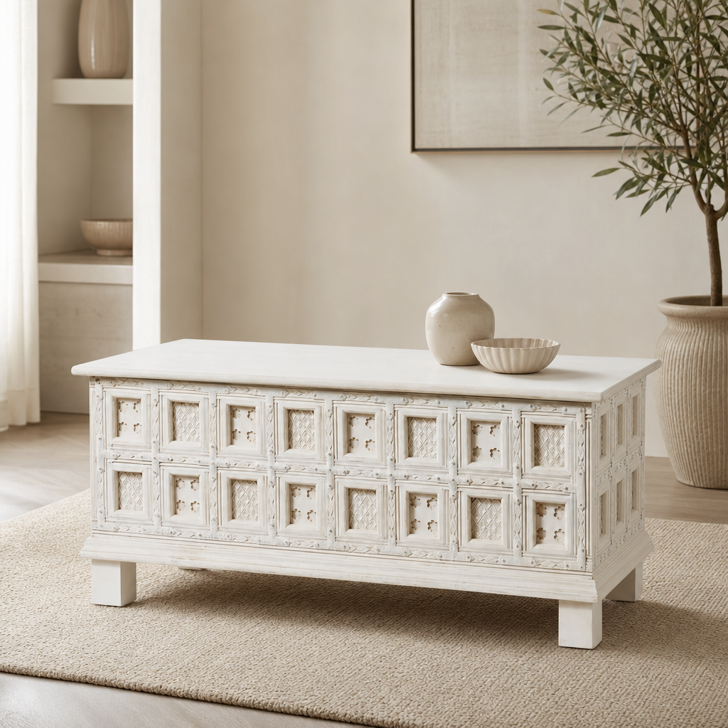 Haveli White Carved Trunk Coffee Table — lifestyle setting
