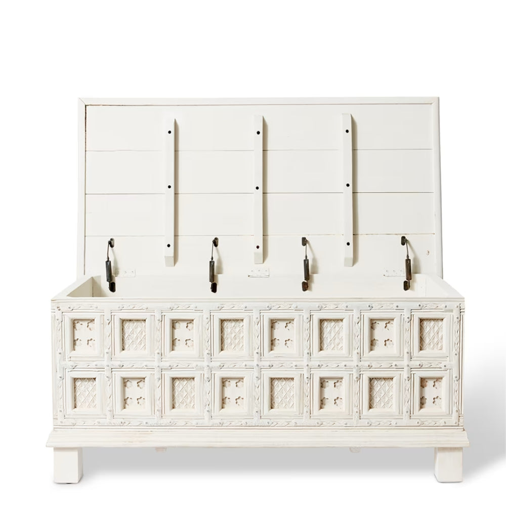 Haveli White Carved Trunk Coffee Table — RVS-9 TRUNK OPENED