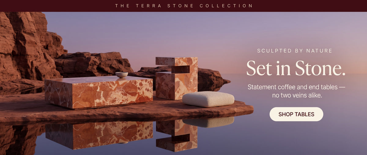Set in stone: statement stone coffee and end tables, no two veins alike. Shop tables.