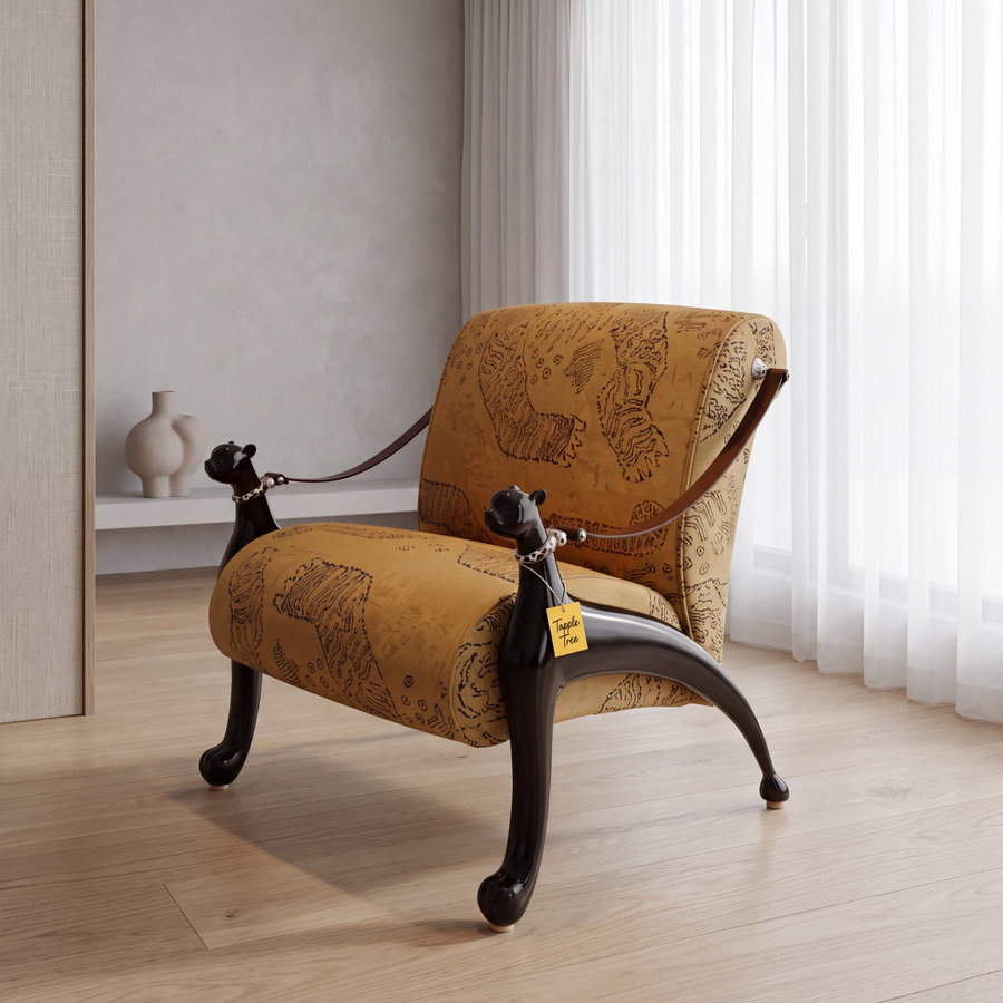 Alden Cove teak wood accent chair with patterned jacquard upholstery and glossy black finish in a modern living room
