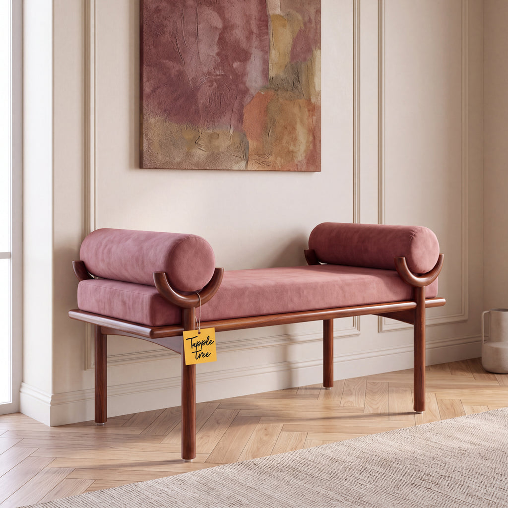 Aubrey Hill Upholstered Sheesham Wood Bolster Bench — main lifestyle view