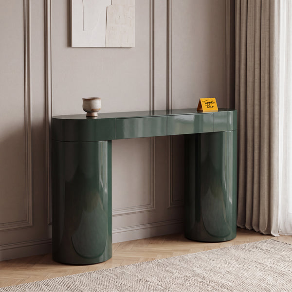 Caspian Meadow High-Gloss Console Table with Storage in a high-gloss PU finish, styled in a living room