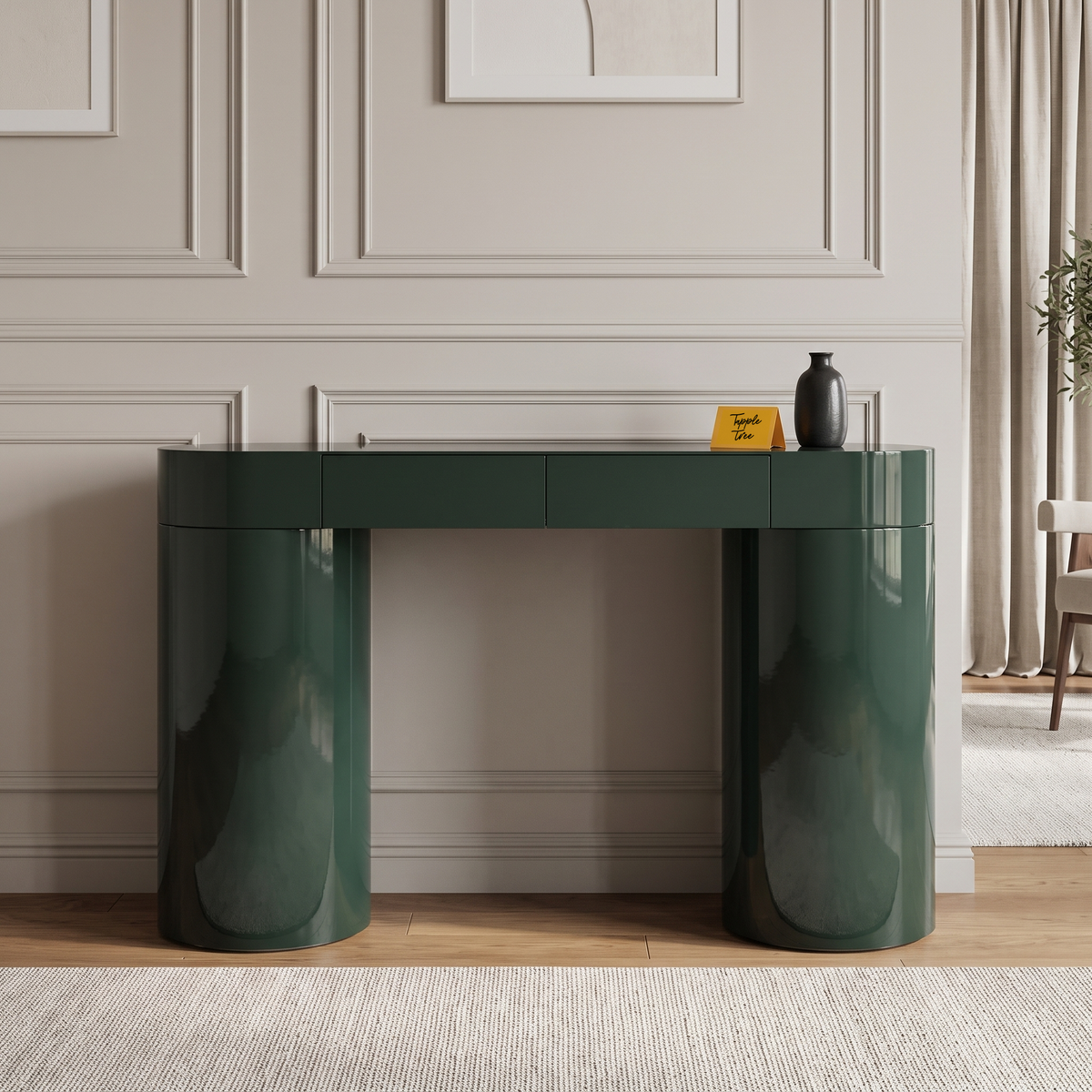 Caspian Meadow High-Gloss Console Table with Storage, front view in a living room