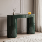 Caspian Meadow High-Gloss Console Table with Storage, three-quarter view in a living room