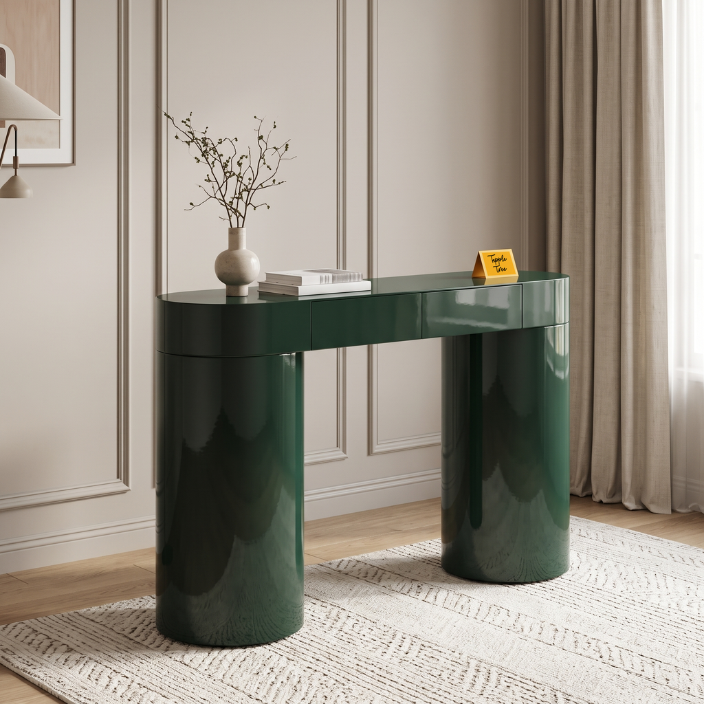 Caspian Meadow High-Gloss Console Table with Storage, side view in a living room
