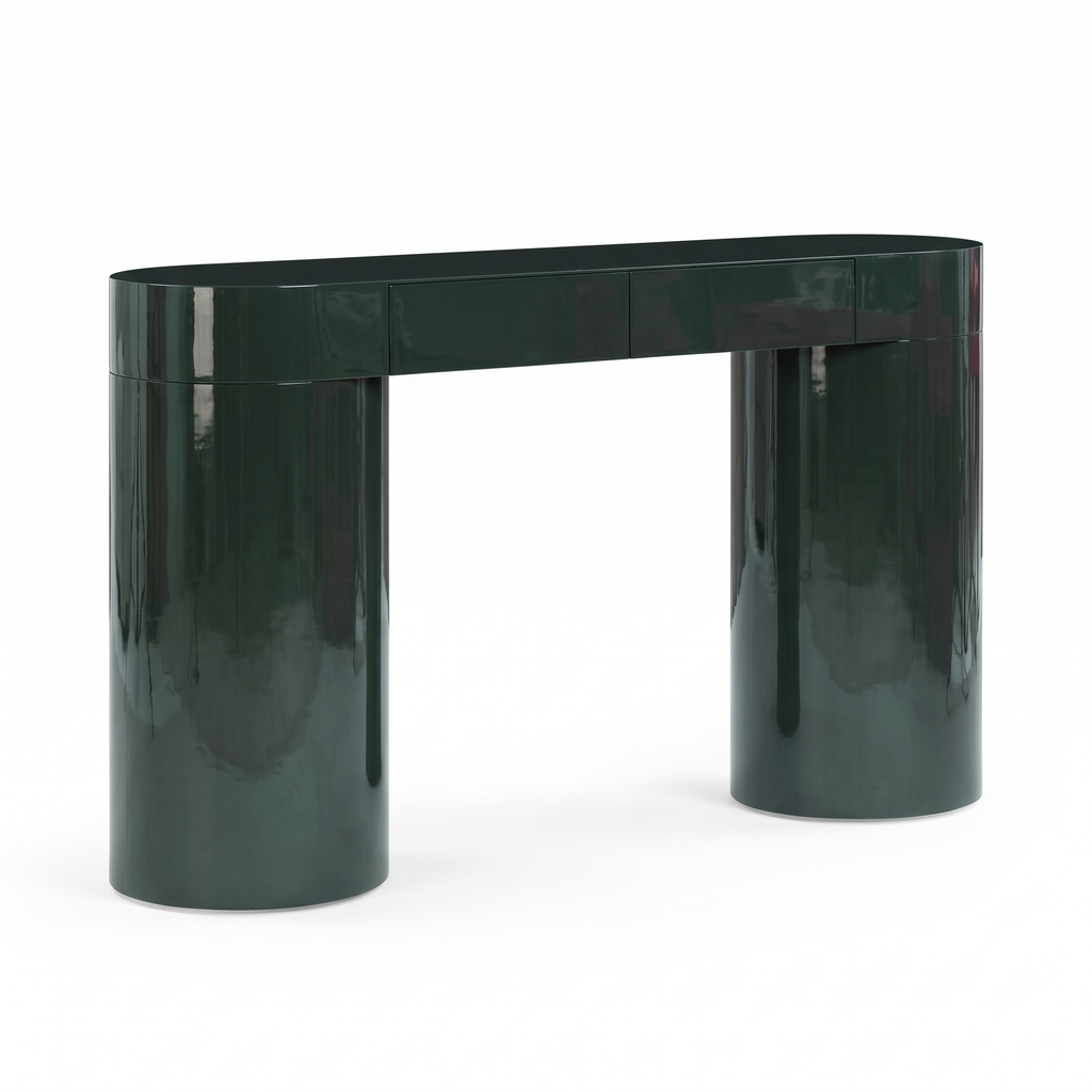 Caspian Meadow High-Gloss Console Table with Storage, left three-quarter view on a white background