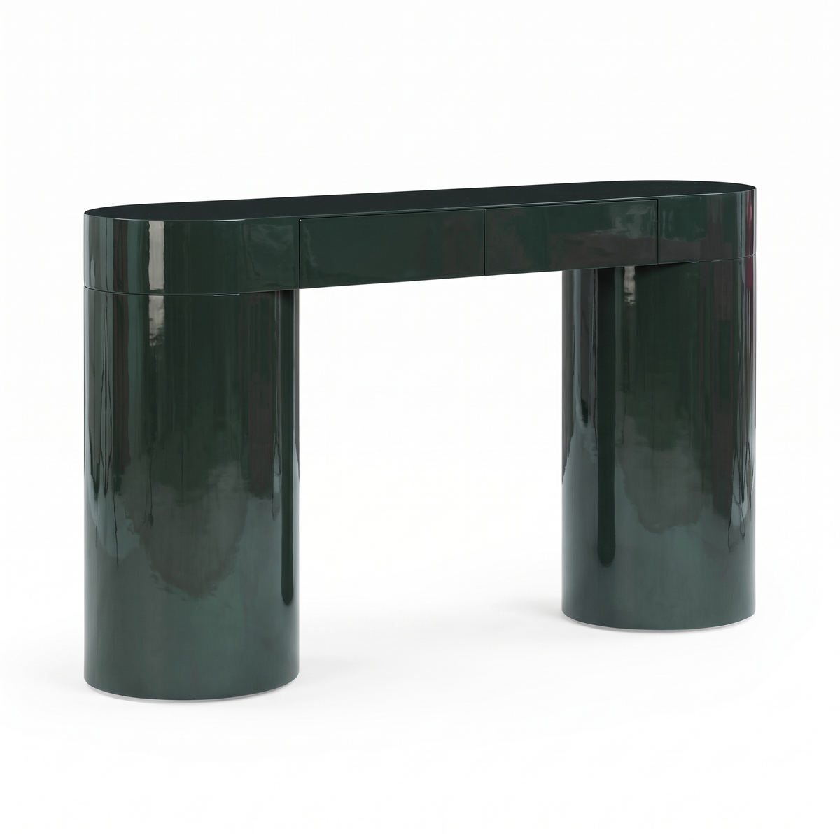 Caspian Meadow High-Gloss Console Table with Storage, left three-quarter view on a white background