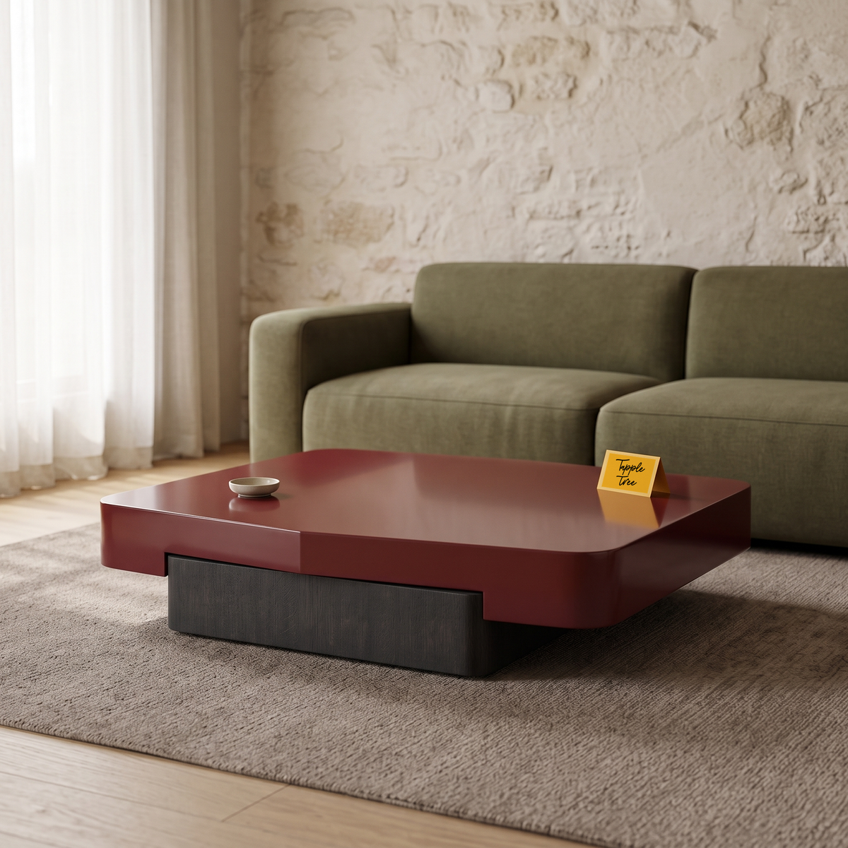 Caspian High-Gloss Coffee Table, three-quarter view in a living room