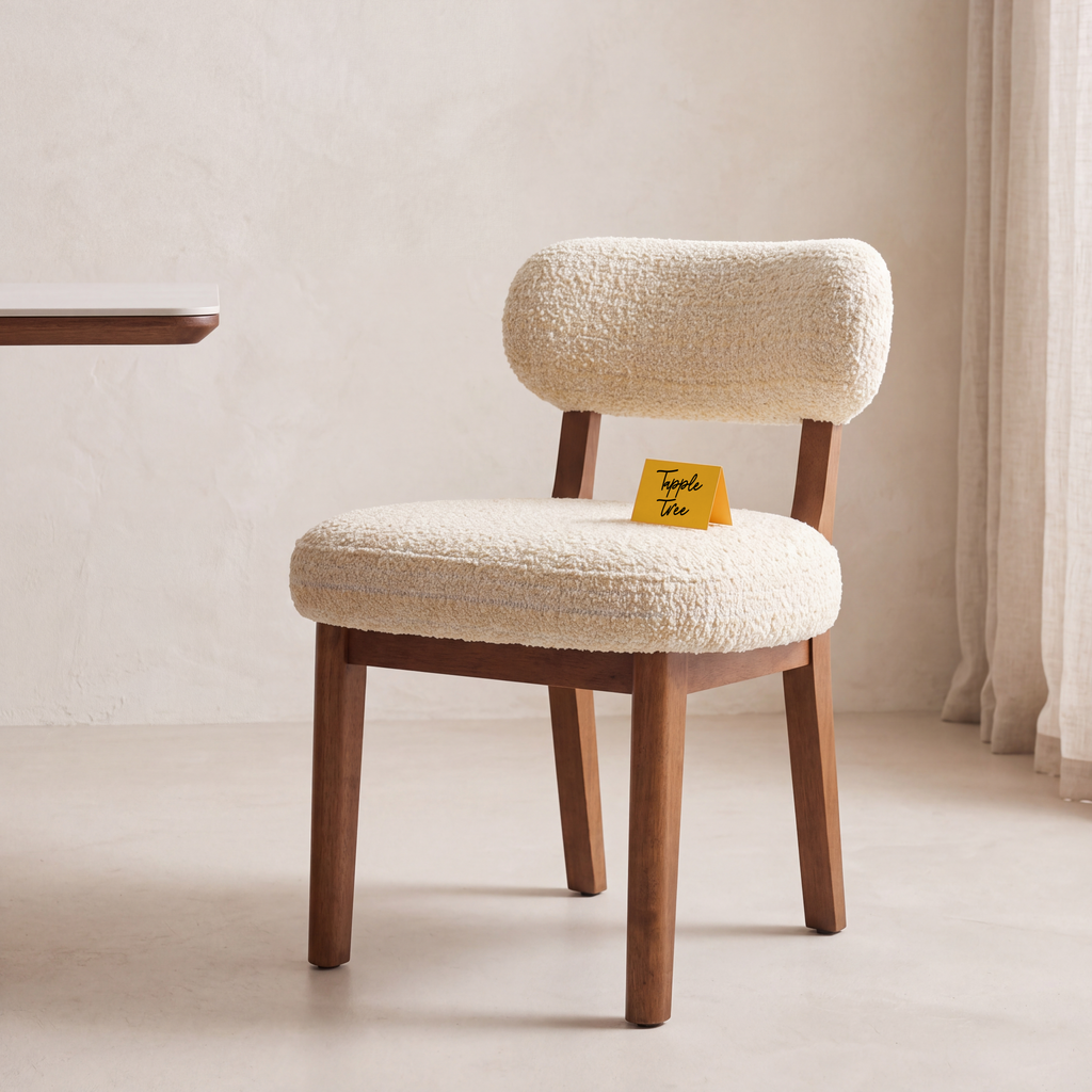 Dorian Meadow Bouclé Mango Wood Dining Chairs (Set of 2) in an Amber Solace finish, styled in a dining room