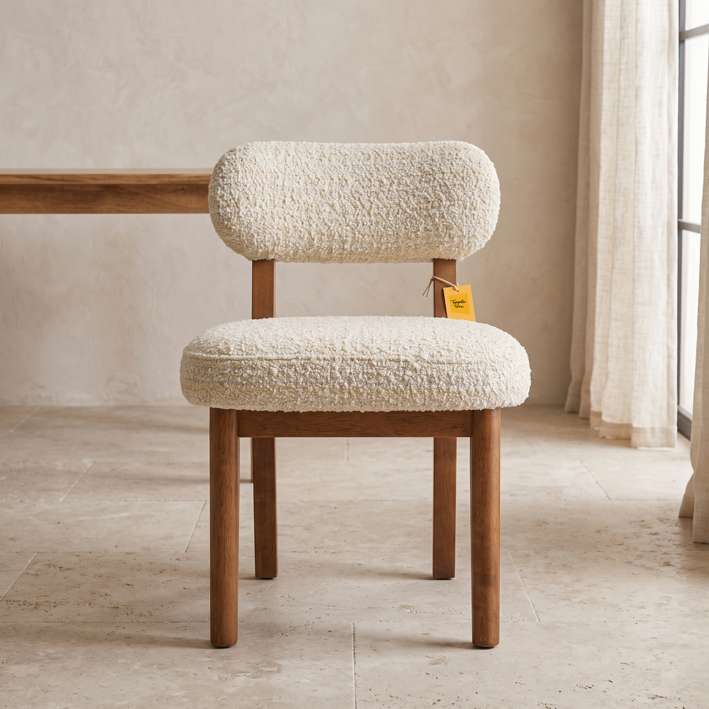 Dorian Meadow Bouclé Mango Wood Dining Chairs (Set of 2), front view in a dining room