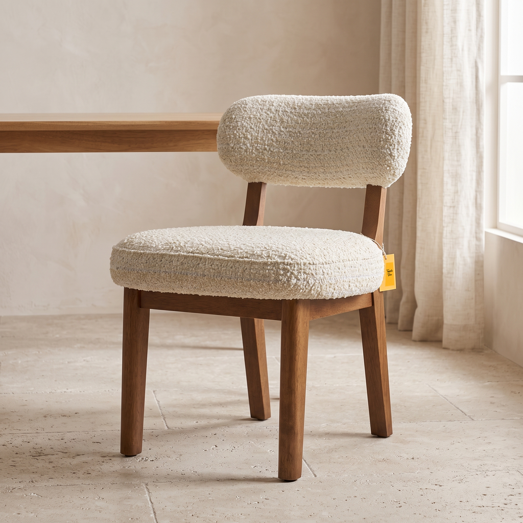 Dorian Meadow Bouclé Mango Wood Dining Chairs (Set of 2), three-quarter view in a dining room